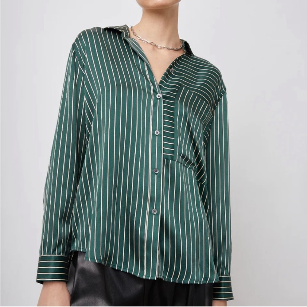 RAILS Green Striped Silk Button Front Blouse